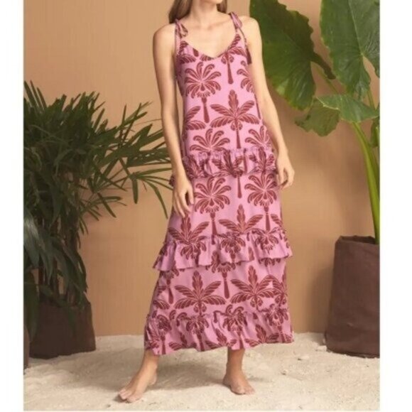 Eugenia Fernandez Arkitect Tiered Midi Dress M Pink Red Palm Print Ruffle Boho - Picture 1 of 9